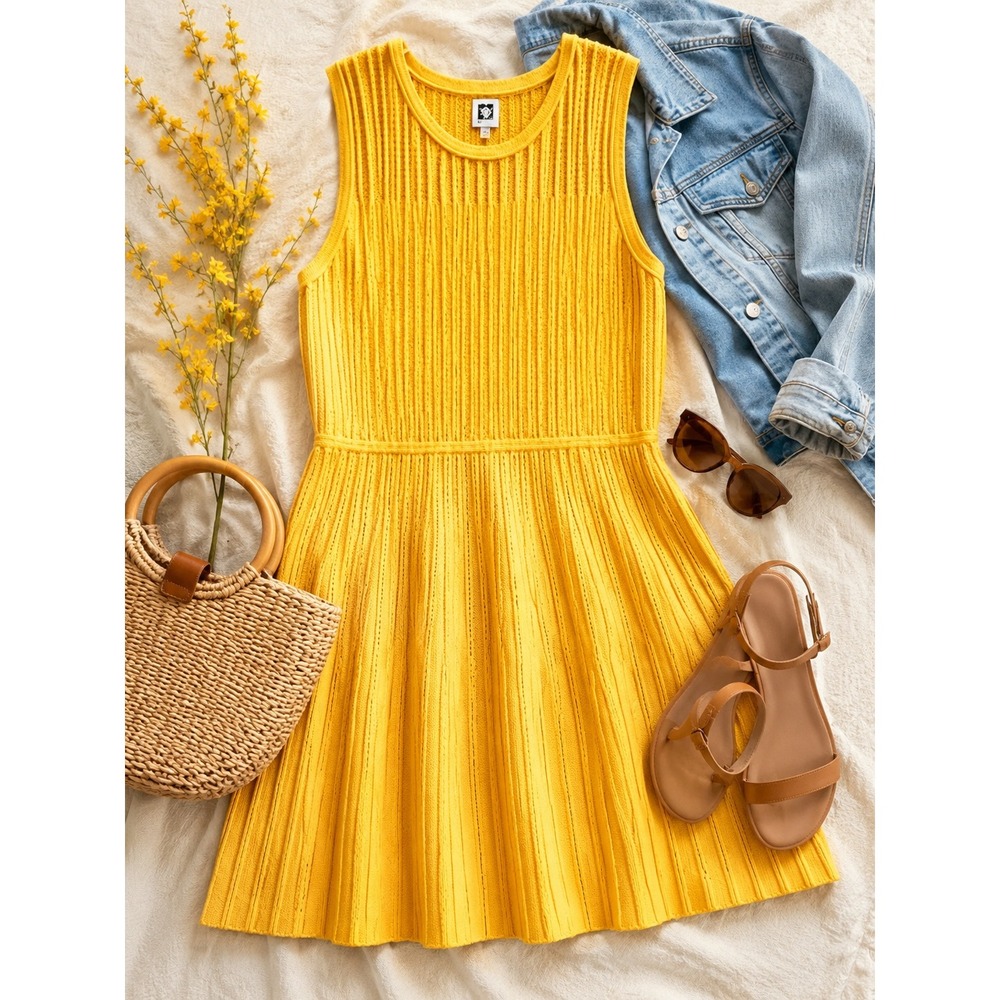 Anne Klein Women's 2X Yellow Ribbed Sleeveless Fit & Flare Sweater Dress